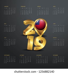 2019 Calendar Template. Golden Typography with Taiwan Country Map Golden Typography Header