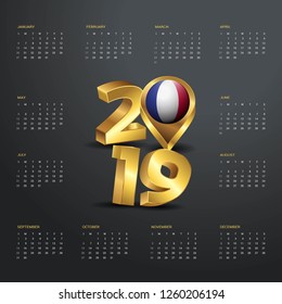 2019 Calendar Template. Golden Typography with France Country Map Golden Typography Header