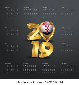 2019 Calendar Template. Golden Typography with Croatia Country Map Golden Typography Header