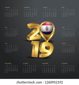 2019 Calendar Template. Golden Typography with Paraguay Country Map Golden Typography Header