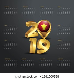2019 Calendar Template. Golden Typography with Vietnam Country Map Golden Typography Header