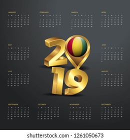 2019 Calendar Template. Golden Typography with Guinea Country Map Golden Typography Header