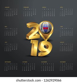 2019 Calendar Template. Golden Typography with Saint Barthelemy Country Map Golden Typography Header