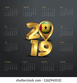 2019 Calendar Template. Golden Typography with Sao Tome and Principe Country Map Golden Typography Header