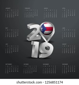 2019 Calendar Template. Grey Typography with Puerto Rico Country Map Golden Typography Header