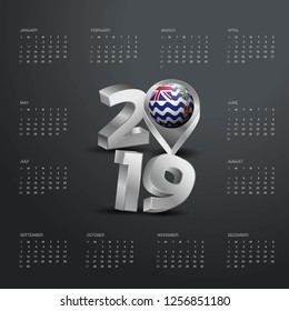 2019 Calendar Template. Grey Typography with British Indian Ocean Territory Country Map Golden Typography Header