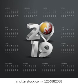 2019 Calendar Template. Grey Typography with Bhutan Country Map Golden Typography Header