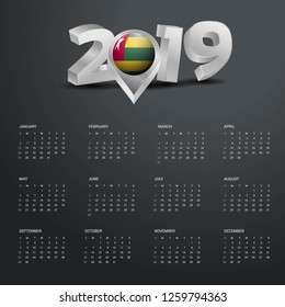 2019 Calendar Template. Grey Typography with Togo Country Map Golden Typography Header