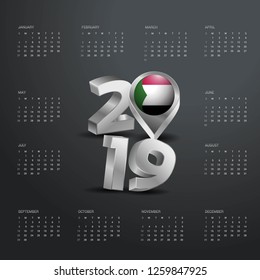 2019 Calendar Template. Grey Typography with Sudan Country Map Golden Typography Header