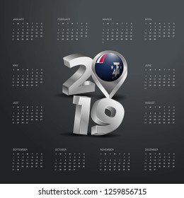 2019 Calendar Template. Grey Typography with French Southern and Antarctic Lands Country Map Golden Typography Header