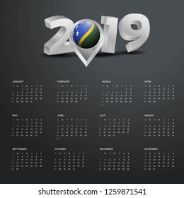 2019 Calendar Template. Grey Typography with Solomon Islands Country Map Golden Typography Header