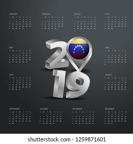 2019 Calendar Template. Grey Typography with Venezuela Country Map Golden Typography Header