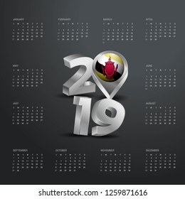 2019 Calendar Template. Grey Typography with Brunei Country Map Golden Typography Header