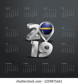 2019 Calendar Template. Grey Typography with Nauru Country Map Golden Typography Header