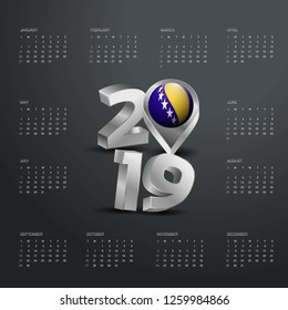 2019 Calendar Template. Grey Typography with Bosnia and Herzegovina Country Map Golden Typography Header