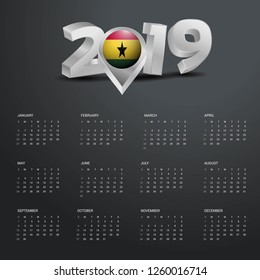 2019 Calendar Template. Grey Typography with Ghana Country Map Golden Typography Header
