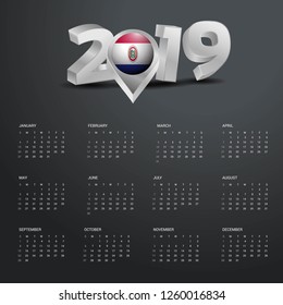 2019 Calendar Template. Grey Typography with Paraguay Country Map Golden Typography Header