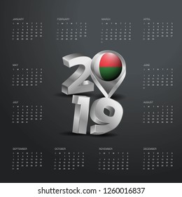 2019 Calendar Template. Grey Typography with Madgascar Country Map Golden Typography Header
