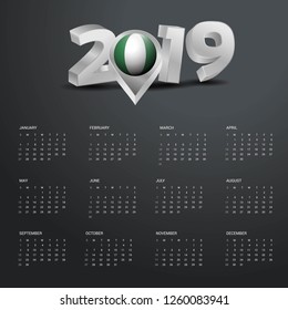 2019 Calendar Template. Grey Typography with Nigeria Country Map Golden Typography Header