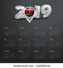 2019 Calendar Template. Grey Typography with Kenya Country Map Golden Typography Header