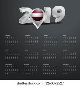 2019 Calendar Template. Grey Typography with Latvia Country Map Golden Typography Header