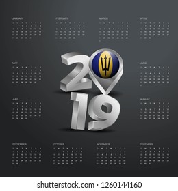 2019 Calendar Template. Grey Typography with Barbados Country Map Golden Typography Header