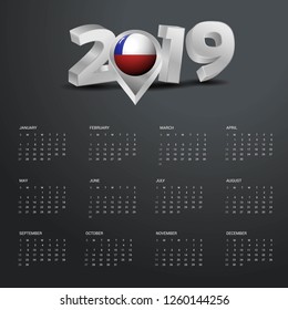 2019 Calendar Template. Grey Typography with Chile Country Map Golden Typography Header
