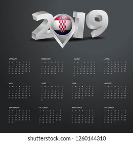 2019 Calendar Template. Grey Typography with Croatia Country Map Golden Typography Header