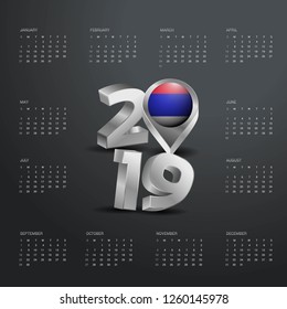 2019 Calendar Template. Grey Typography with Republika Srpska Country Map Golden Typography Header