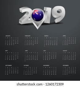 2019 Calendar Template. Grey Typography with Australia Country Map Golden Typography Header