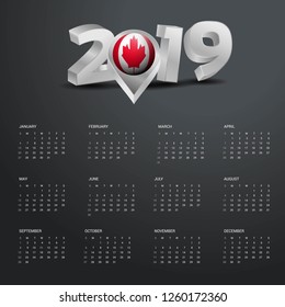 2019 Calendar Template. Grey Typography with Canada Country Map Golden Typography Header