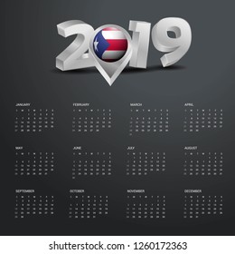 2019 Calendar Template. Grey Typography with Puerto Rico Country Map Golden Typography Header