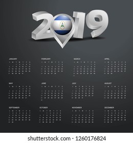2019 Calendar Template. Grey Typography with Nicaragua Country Map Golden Typography Header
