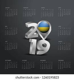 2019 Calendar Template. Grey Typography with Rwanda Country Map Golden Typography Header