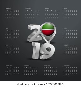 2019 Calendar Template. Grey Typography with Tatarstan Country Map Golden Typography Header
