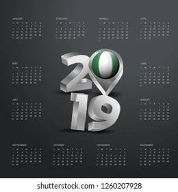 2019 Calendar Template. Grey Typography with Nigeria Country Map Golden Typography Header