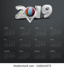 2019 Calendar Template. Grey Typography with Mongolia Country Map Golden Typography Header