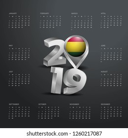 2019 Calendar Template. Grey Typography with Bolivia Country Map Golden Typography Header