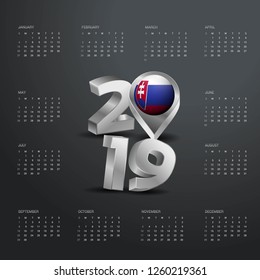 2019 Calendar Template. Grey Typography with Slovakia Country Map Golden Typography Header