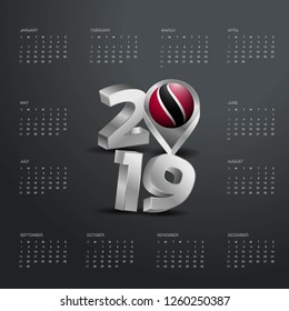 2019 Calendar Template. Grey Typography with Trinidad and tobago Country Map Golden Typography Header