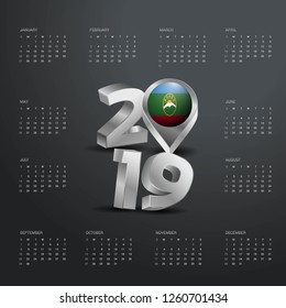 2019 Calendar Template. Grey Typography with Karachay Chekessia Country Map Golden Typography Header