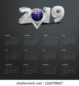 2019 Calendar Template. Grey Typography with Cook Islands Country Map Golden Typography Header