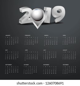 2019 Calendar Template. Grey Typography with Crimea Country Map Golden Typography Header
