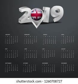 2019 Calendar Template. Grey Typography with United Kingdom Country Map Golden Typography Header