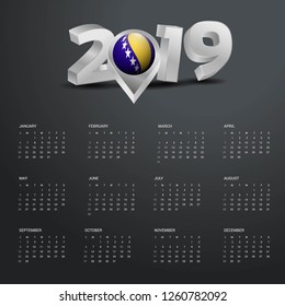 2019 Calendar Template. Grey Typography with Bosnia and Herzegovina Country Map Golden Typography Header