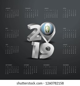 2019 Calendar Template. Grey Typography with Guatemala Country Map Golden Typography Header