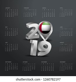 2019 Calendar Template. Grey Typography with UAE Country Map Golden Typography Header