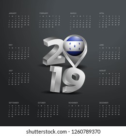 2019 Calendar Template. Grey Typography with Honduras Country Map Golden Typography Header
