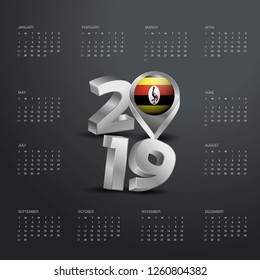 2019 Calendar Template. Grey Typography with Uganda Country Map Golden Typography Header