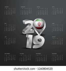 2019 Calendar Template. Grey Typography with Iran Country Map Golden Typography Header